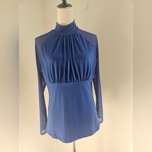 NY & Company Blue Mesh Sleeve Mock Neck Blouse Size Large NWT